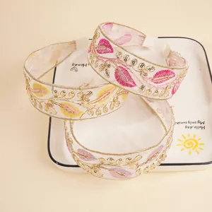 Bohemian embroidered leaf headbands with gold sequins on organza fabric set