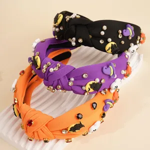 Halloween Haarreifen mit geknotetem Stoff, Perlenimitationen und Strass-Geistern