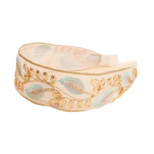 Bohemian organza headband with delicate leaf embroidery and golden sequins for women