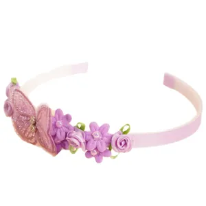 Sweet purple floral headband with embroidered mesh butterfly and sparkly rhinestones for kids