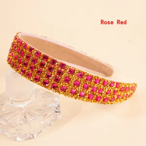 Detail of rose red rhinestone headband with hand-set square crystals and soft non-slip lining