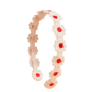 Pink daisy floral embroidered headband with non-slip teeth for women and girls