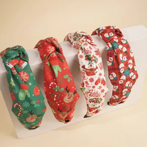 Serre-têtes Noués de Noël pour Femmes Imprimé Renne Bonhomme de Neige Flocon de Neige Bandeaux en Tissu Accessoires de Cheveux Fête Noël
