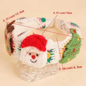 Detailed view of handmade knitted Christmas headband with Santa and reindeer motifs
