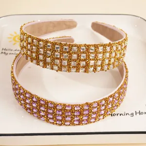 Luxe wide headband set with sparkling square rhinestones in white and purple colors