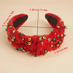 Vue détaillée du serre-tête en velours rouge avec strass et mesures de taille