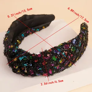 Detail showing dimensions of the black knotted headband with colorful sequins