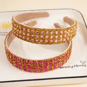 Luxury wide headband set with pink and rose red square crystals and gold accents