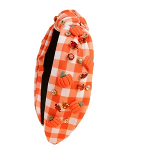 Plaid-Knoten-Stirnband mit Strass-Kürbis-Anhängern für Halloween-Haarschmuck