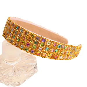 Luxury rhinestone headband with colorful crystals on gold wide band for women
