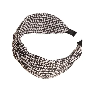 Serre-tête large à motif pied-de-poule noir et blanc avec nœud de style français