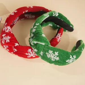 Weihnachts-Haarreifen Set mit Pailletten-Schneeflocken in Rot und Grün aus Samtstoff