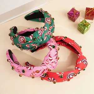 Christmas Candy Print Knotted Headband For Women Rhinestone Fabric Hair Hoop Holiday Party Top Knot Wide Hairband Hair Accessories