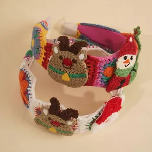Handmade crochet Christmas headband set featuring festive snowman and reindeer knit patterns