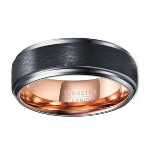 Bague en carbure de tungstène pour hommes, extérieur brossé noir et intérieur poli or rose