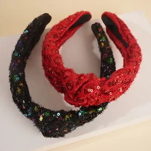 Sparkling sequin knotted wide headbands in festive red and multi-color black fabric