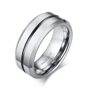 Minimalistischer Wolframstahl Ring Für Herren Abgeschrägte Kante Genutetes Band Gold Silber Schwarz Blau Einlage Polierter Modeschmuck Hochzeitsgeschenk