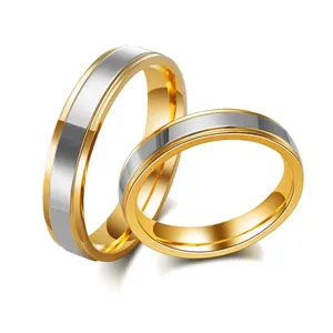 Minimalist Tungsten Steel Ring For Couples Two Tone Gold Silver Plated Polished Step Edge Band Ring Fashion Jewelry Wedding Gift