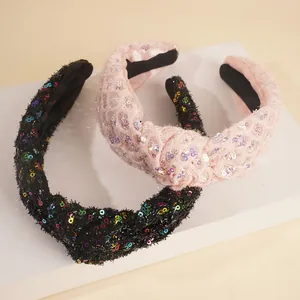 Sparkly sequin knotted headbands in pink and black with stylish wide fabric design