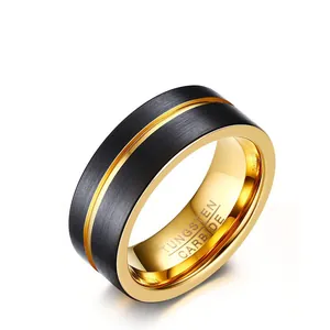 Bague Pour Homme En Carbure De Tungstène Noir Brossé Et Or Design Bicolore Bande Intérieure Polie Bijoux De Mode Masculine