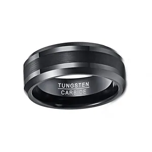 Anello da uomo in carburo di tungsteno nero con finitura spazzolata e lucida