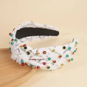 Serre-tête nœud de Noël en peluche blanche avec strass et paillettes pour décoration