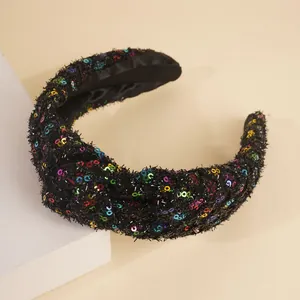 Rainbow sequin wide knot headband with colorful glitter fabric on soft black satin lining