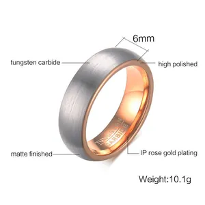 Dettaglio anello in carburo di tungsteno 6mm con superficie opaca argento e placcato oro rosa
