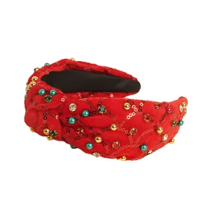 Serre-tête noué en velours rouge avec paillettes scintillantes et strass colorés