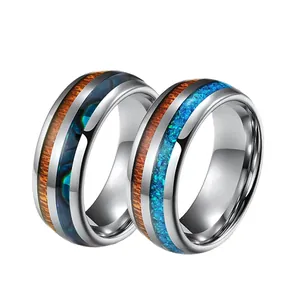 Men's tungsten ring set with wood grain inlay, abalone shell and blue opal stone