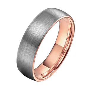 Anello minimalista in acciaio al tungsteno con finitura spazzolata e interno oro rosa