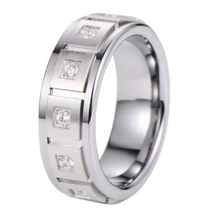 Men Tungsten Gold And Stainless Steel Ring With Zirconia Brushed Polished Square Setting Minimalist Band Jewelry