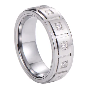 Polished silver tungsten steel ring with brushed surface and square zircon stones
