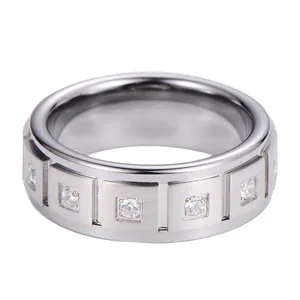 Men's tungsten stainless steel ring with brushed finish and square set cubic zirconia