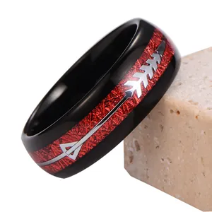 Men's black tungsten steel ring with red meteorite inlay and silver arrow pattern