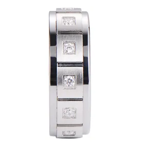 Brushed tungsten stainless steel ring with square set diamonds for men, silver finish