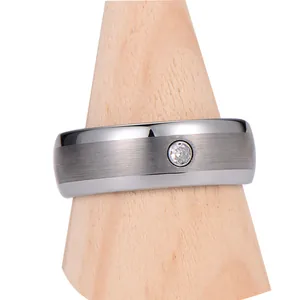 Mens tungsten steel ring with brushed finish, polished edges and inset diamond stone