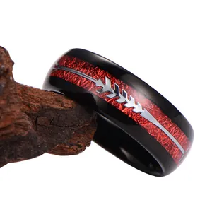 Fashion Men Tungsten Carbide Ring Black Polished Band Red Textured Inlay Silver Arrow Design Hardness Durable Jewelry Minimalist Accessory