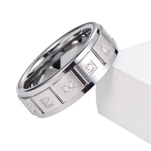 Men's tungsten stainless steel ring featuring brushed finish and square set zircons