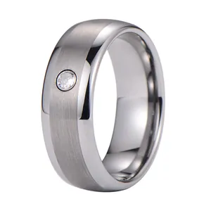 Mens silver tungsten ring with brushed center finish and single round diamond accent