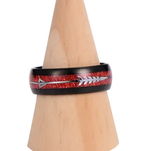 Black tungsten ring for men featuring red crushed inlay and silver arrow pattern