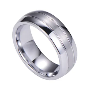 Bague en tungstène argenté pour hommes avec centre mat brossé et bordure polie miroir
