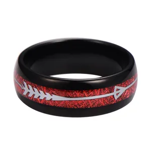 Black tungsten ring with red meteorite inlay and silver arrow pattern 45-degree view