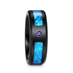 Men's black tungsten steel ring with blue opal inlay and a center blue diamond accent