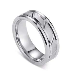 Anello da Uomo in Acciaio al Tungsteno Industriale Minimalista Fascia in Metallo Spazzolato Scanalature Diagonali Gioielli Moda