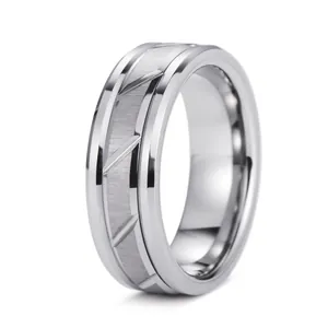 Anello tre in uno in acciaio al tungsteno argento da uomo con finitura spazzolata e solchi