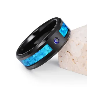Modern Black Tungsten Steel Ring With Blue Opal And Round Zirconia Inlay High Polished Men Band Wedding Jewelry