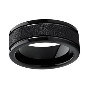 Men's black tungsten steel ring featuring polished edges and a sandblasted center inlay