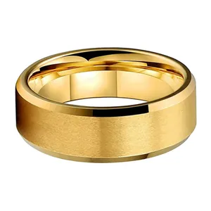 Men's gold tungsten ring with brushed surface and polished beveled edges