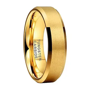 Brushed gold tungsten carbide ring with polished beveled edges for men and women